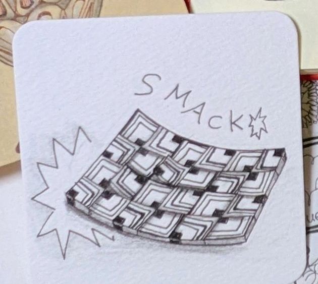 5日目の作品。タングルPalrevoのグリッドをしなる板のように描き、衝撃マークとSMACKの文字を添えたもの